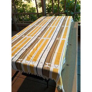 woven Geometric Yellow & White Linen Tablecloth With Fringed Edges For Dining Ta